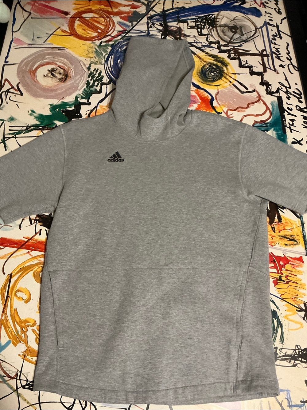 adidas short sleeved Gray Pullover Hoodie with Kangaroo Pocket.